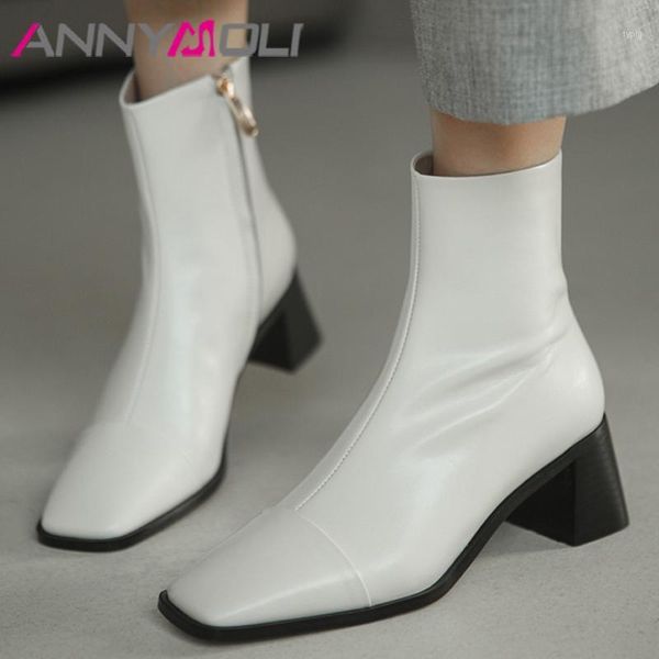 

boots annymoli genuine leather high heel ankle short women shoes square toe chunky heels zip lady white big size 401, Black
