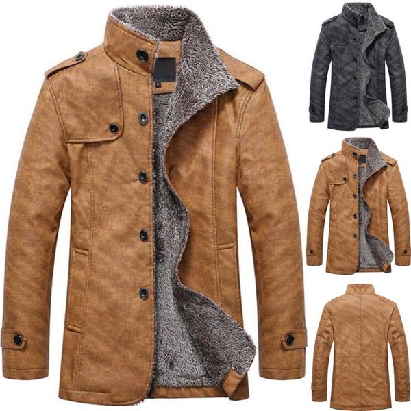 

men's trench coats winter slim fit warm jacket faux leather coat stand-up collar thicken mid-length large size casual windbreake, Tan;black