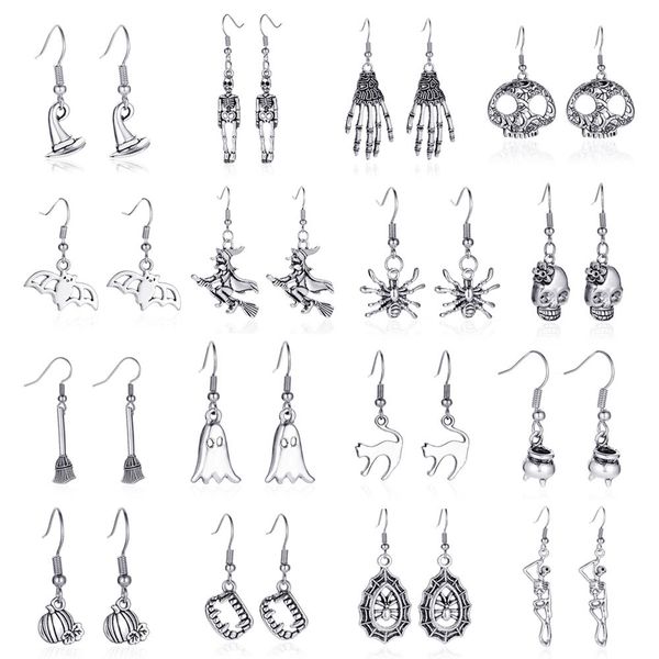 

halloween earrings simple retro skull spider ghost witch magic hat bat distressed earrings cross-border holiday jewelry horror feat, Golden;silver