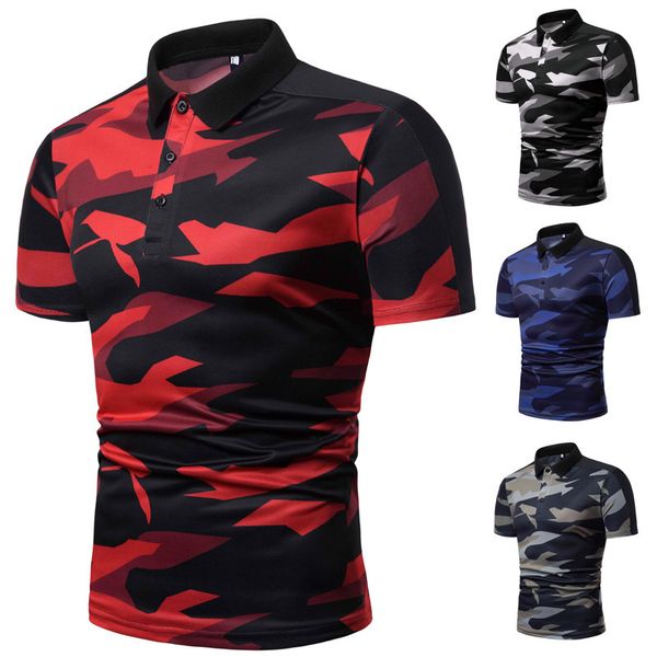 

european code 2019 new men's fashion camouflage printing short sleeve lapel t-shirt polo elastic pl19, White;black