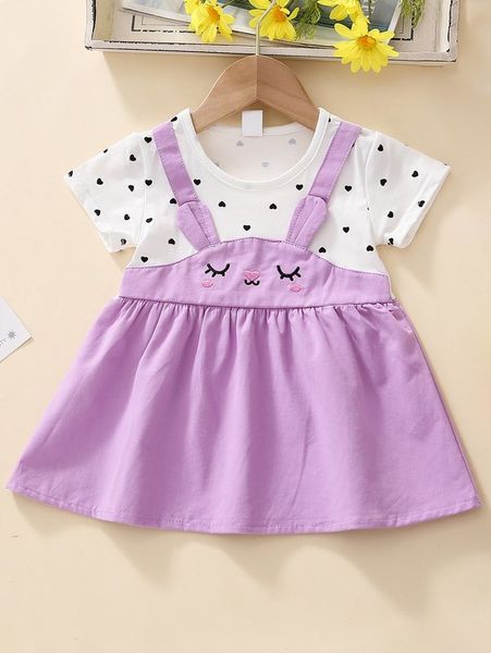 

baby cartoon embroidery heart print 3d ear design 2 in 1 dress she, Red;yellow
