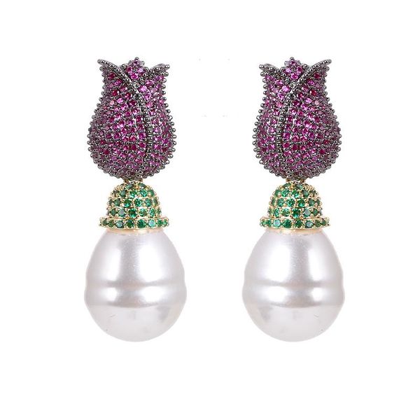 

dangle & chandelier xiumeiyizu fashion rose flower pearl earrings luxury gold plating jewelri pave cubic zirconia stone party bride wedding, Silver