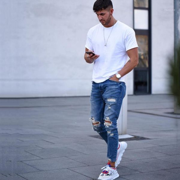 

new skinny jeans men streetwear destroyed ripped jeans homme hip hop broken modis male pencil biker embroidery patch pants1, Blue