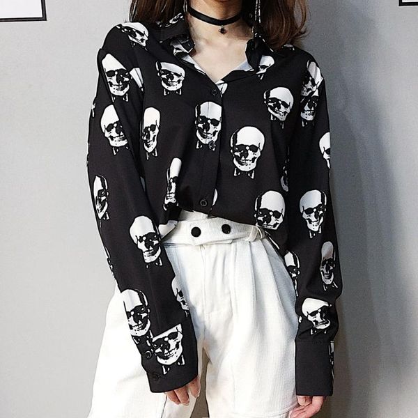 

black blouse women skull print long sleeve loose shirts punk rock dark fashion gothic blouse streetwear hip hop summer 2021, White