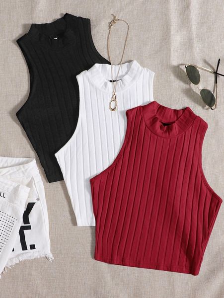 

3 pack mock neck rib-knit tank m0vu#, White