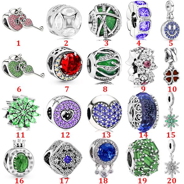 Genuíno 925 prata esterlina ajuste pulseira encantos coroa verde floco de neve grânulo de vidro olho de gato trevo amor coração azul cristal charme para diy contas