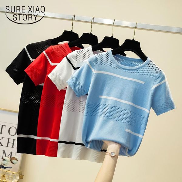 

2021 korean fashion woman clothes hollow out blouse women striped blouse knitted cotton tee shirt femme camisetas mujer 9836, White