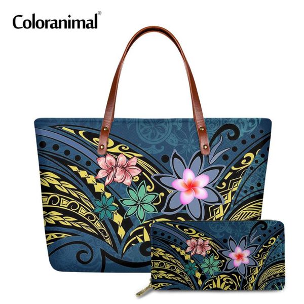 

coloranimal samoan hawaiian polynesian plumeria print women tote handbag 2pcs/set shoulder bag&wallet large crossbody bag bolsa