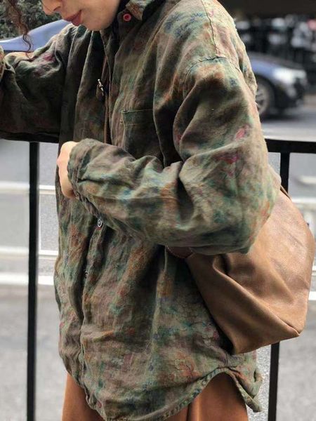 

self retaining and recommending fashionable printed color button linen 21 spring new product versatile personality style shirt, White