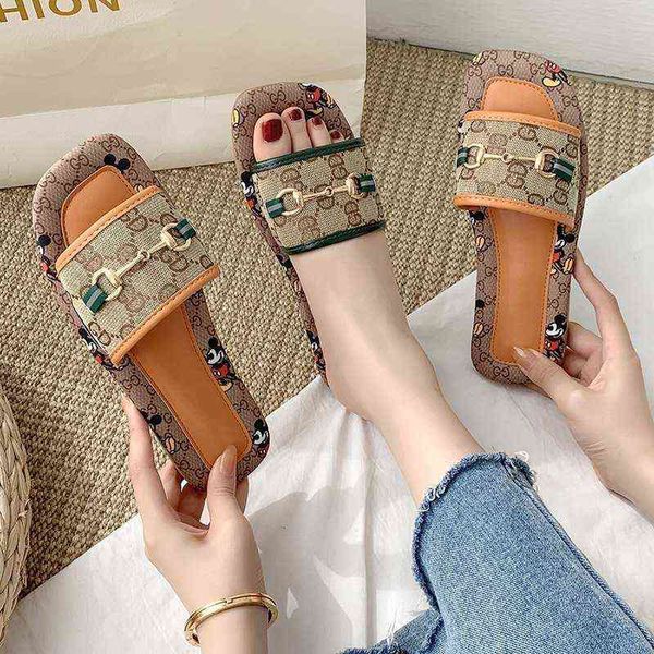 

slippers summer women mouse pattern square toe flat ladies outdoor beach sandals metal buckle fashion new 220304, Black