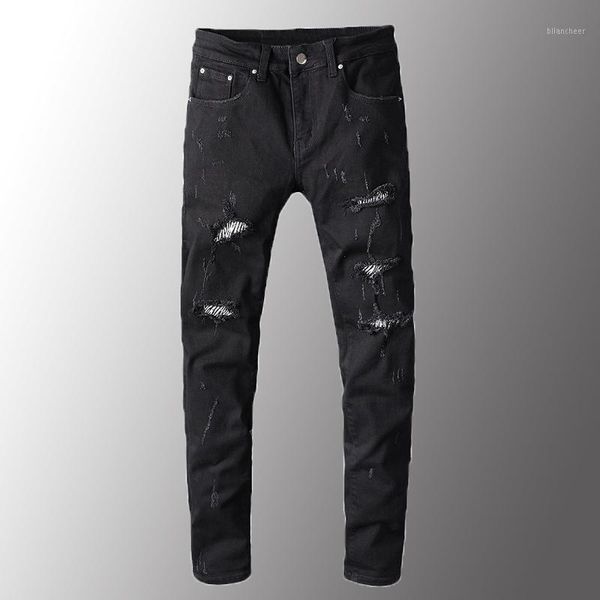 

classic men jeans luxury men's zebra print crystal black ripped jeans slim skinny holes destroyed stretch denim pants size1, Blue