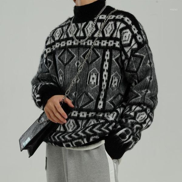

men's sweaters men/women couple fall winter half-turtleneck knitwear pullover totem geometric pattern sweater all match casual loose ho, White;black