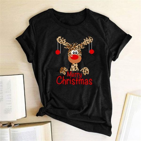 

women cute leopard reindeer deer women t shirt fashion merry christmas print harajuku short sleeve t-shirt woman clothing, White