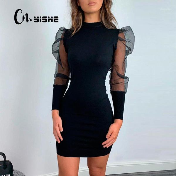 

cnyishe elegant black sheer mesh long sleeve dress casual slim fit pencil dress women puff sleeve patchwork dresses vestido1, Black;gray