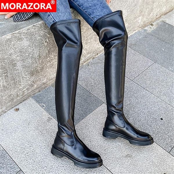 

morazora 2020 winter over the knee boots low heel round toe comfortable ladies shoes genuine leather women boots black1, Black