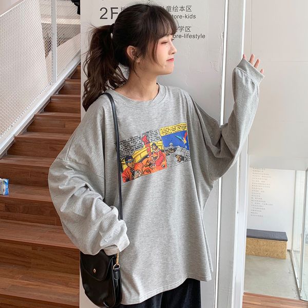 

women bf wind harajuku t-shirts korean oversized o neck long sleeve letter print loose student spring chic batwing tshirt 201125, White