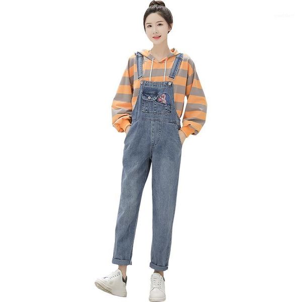 

loose overalls women college style denim bib pants vintage washed jeans cartoon joker embroidery denim jumpsuit female rompers1, Blue