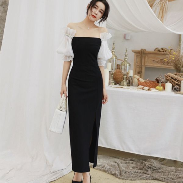 

2021 new ladies in night lantern sleeves skirt divided thin shoulder dressed party to the nightclub log2, Black;gray