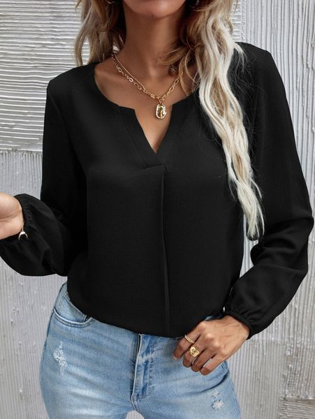 

solid notched neck blouse 26pu#, White
