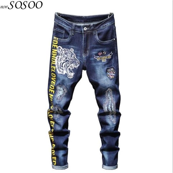 

new men jeans 100% cotton classic tiger embroidery beggars jeans trousers cool fashion men jeans #2031 201111, Blue