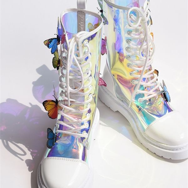 

new arrivals booties transparent colorful butterfly flat short boots round toe muffin heel lace up novelty shoes women y200114, Black