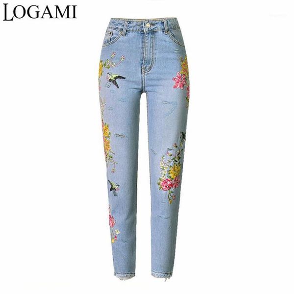 

logami embroidered jeans woman flower straight high waist women jeans new1, Blue