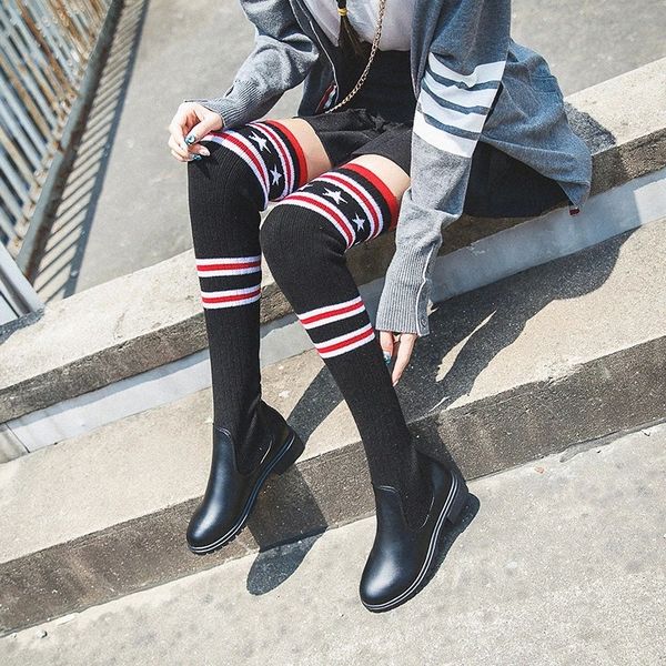 

2020 new elastic knitted boots woman long boots round head over the knee campus style sweater student girls #m40a