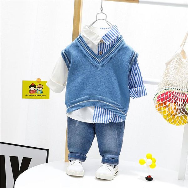 

clothing sets hylkidhuose baby boys spring children casual clothes knitted vest stripe shirt jeans toddler infant kids costume, White