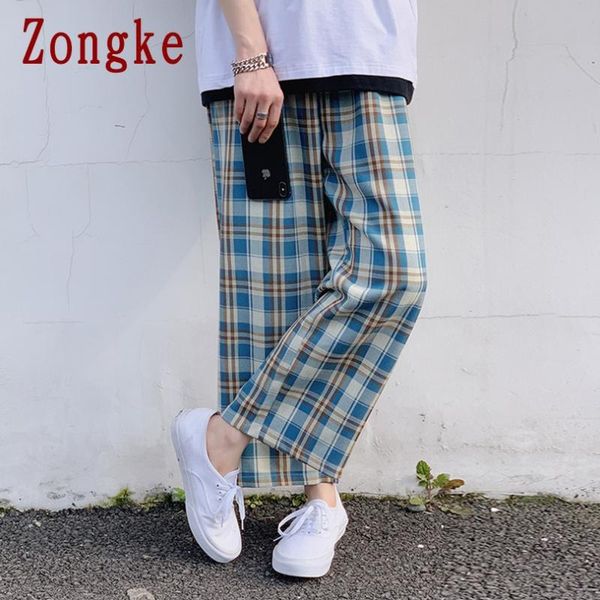 

men's pants zongke straight mens in a cage streetwear plaid men clothing joggers harajuku trousers 3xl 2021 autumn, Black