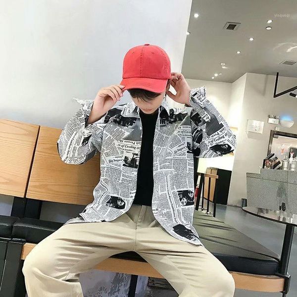 

2020 fashion men's long-sleeved newspaper shirt trend loose youth wild shirt1, White;black