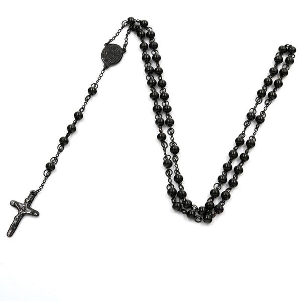 

1 virgin mary rosary necklaces bead chain cross jesus pendant catholic church stainless steel women/men christian black jewelry, Silver