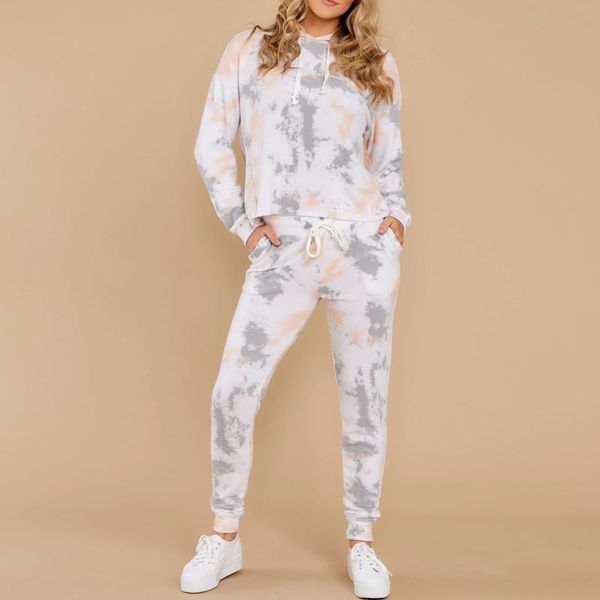 

gym clothing women's fashion tie-dyed printed sportswear pullover hoodie and long pants suit ladies fitness running jogging tracksuit s, White;black