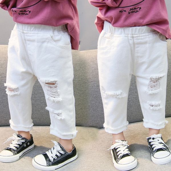 

spring autumn baby girls ripped jeans children kids broken hole pants white color girls elastic waist denim pants y200409, Blue