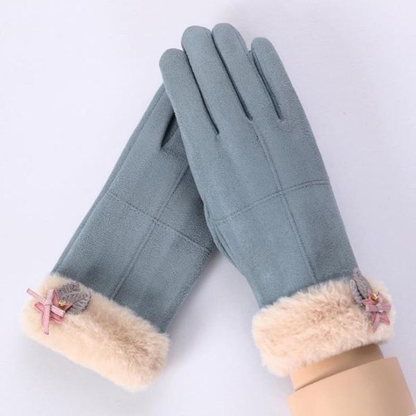 

New Winter Female Lace Warm Cashmere Three Ribs Cute Bear Mittens Double thick Plush Wrist Women Touch Screen Driving Gloves, Blue;gray