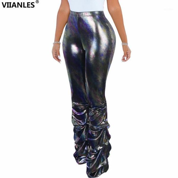 

viianles women shiny black the showser pants colorful silver pleated club dance street elastic waist plus size trousers1, Black;white