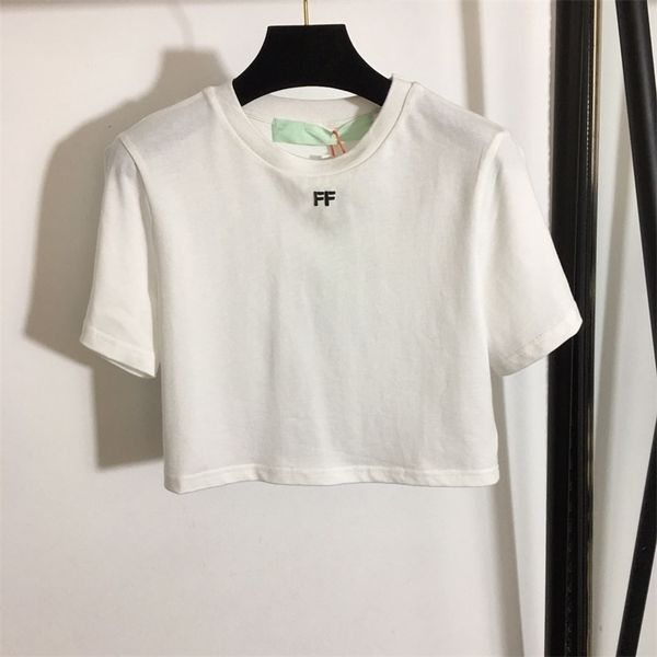 

t-shirt women brand cotton pure color ladies embroidery female s tshirt short sleeve navel loose crop 13 220315, White