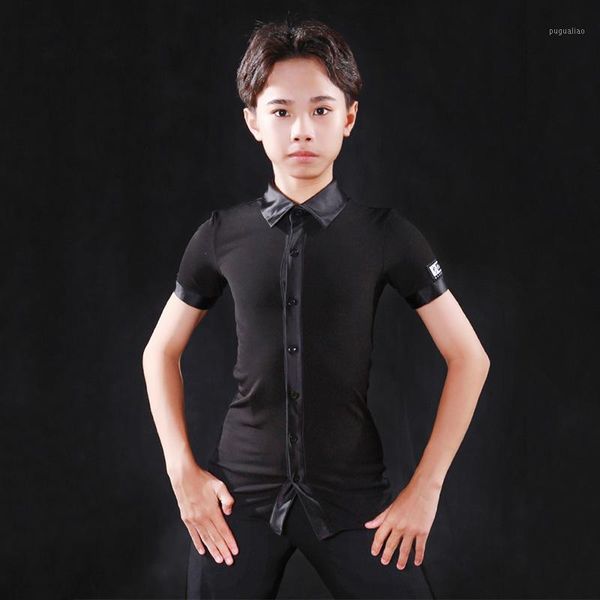 

latin dance shirt kids black short sleeve lapel cha cha tango samba salsa wear boys competition performance clothing dn63411, Black;red