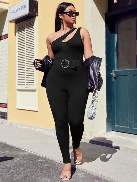 

plus peekaboo front skinny jumpsuit without belt k6js#, Black
