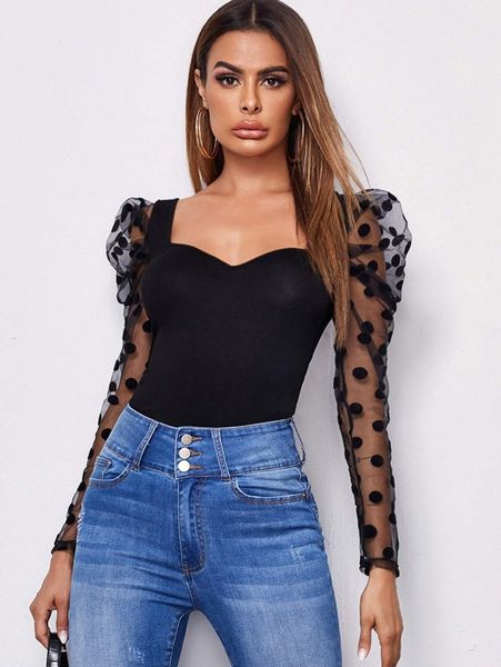 

sweetheart neck polka dot flocked mesh gigot sleeve n2yj#, White