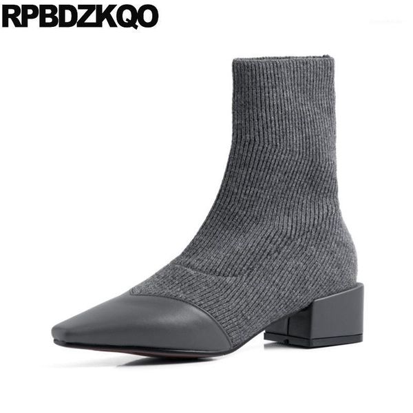 

boots genuine leather pointed toe knit shoes high heel slip on 2021 women ankle medium grey chunky winter ladies black pointy1