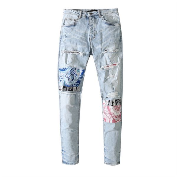 

Mens jeans light blue hol frosted pasted European and American fashion