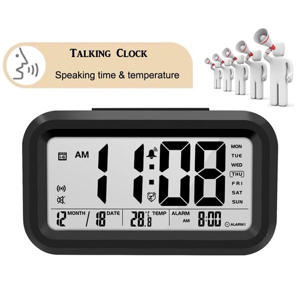 Sprechende Uhr, Sprechzeit und Temperatur, digitaler Schlummerwecker mit Thermometer, Kalender-Hintergrundbeleuchtung 201222
