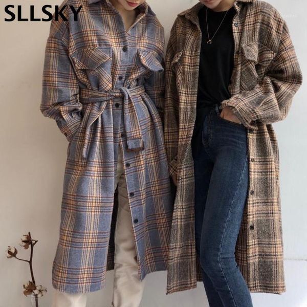 

sllsky woolen plaid women's shirt coat autumn 2020 new single breasted vintage loose long sleeve belt female fashion clothes1, White