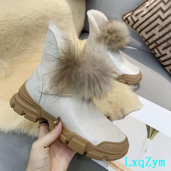 

boots winter warm loafers fur decor female pink snow shoes bling nature leather non-slip flats wool lined large size 35-41, Black