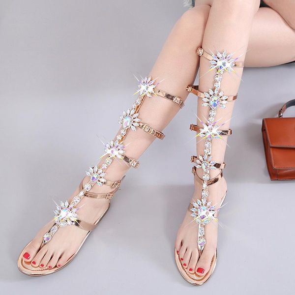 

sandals 2021 summer women's shoes glitter rhinestone thong gladiator flat crystal non-slip beach chaussuers femme big size 34-43, Black
