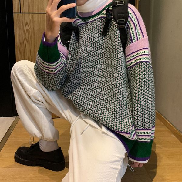 

2021 male autumn new retro-loose sweater wear 0cg7, White;black