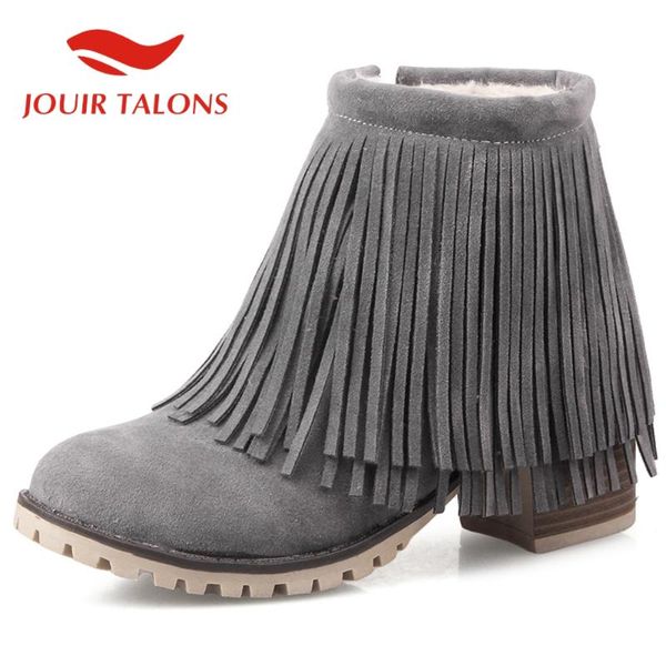

jouir talons big size 43 women shoes fringe round toe square thick heels ankle flock female autumn boots, Black