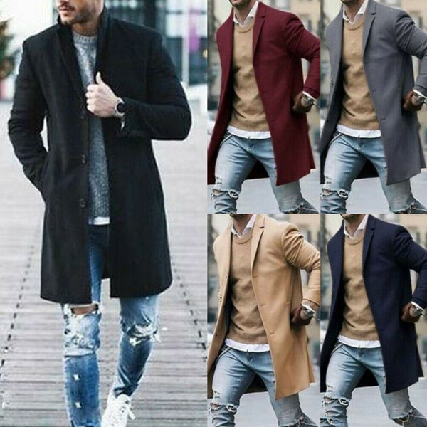 

men cotton coat winter trench solid color overcoat long sleeve jacket lj201106, Black