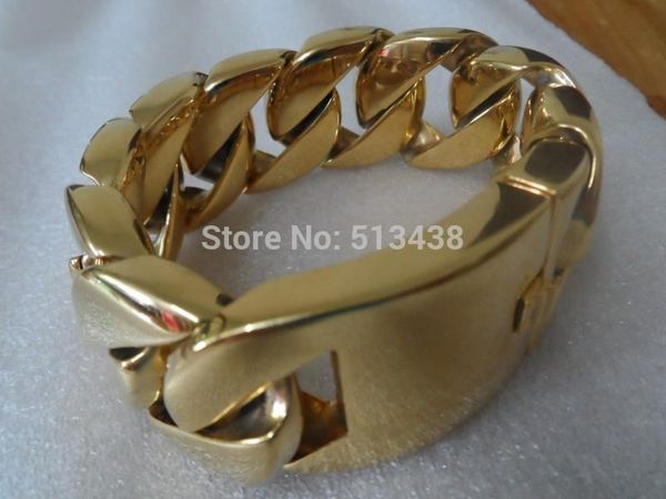 

link, chain large jewelry yellow gold 9'' heavy huge men's cuban curb bracelet stainless steel 32mm wide, Black