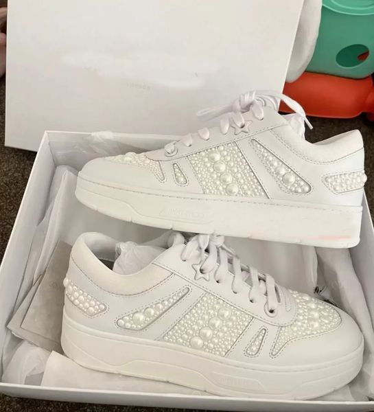 

hawaii/f white black pink calf leather canvas sneakers shoes low pearl embellishment trainers excellent brand men footwear eu35-40 box